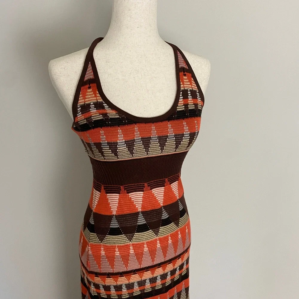 Arden B Geometric Knit Halter Maxi Dress Small Orange Boho Y2K Beachy - Picture 3 of 7